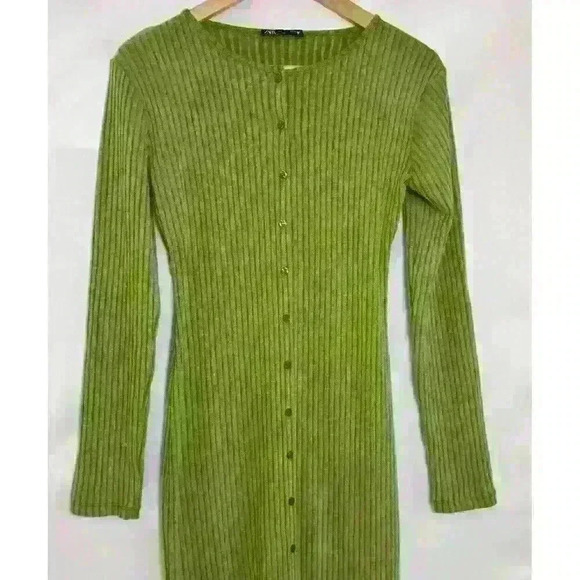 ZARA Dress round neck long sleeves. False front buttons, Mid-green Size L. - Picture 8 of 13